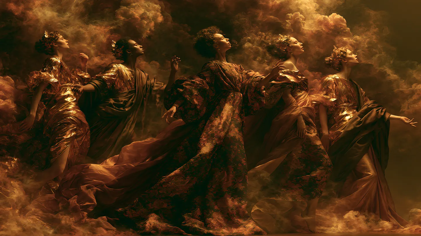 Five figures in gilded, patterned robes moving through amber smoke, lit like an old-master painting.