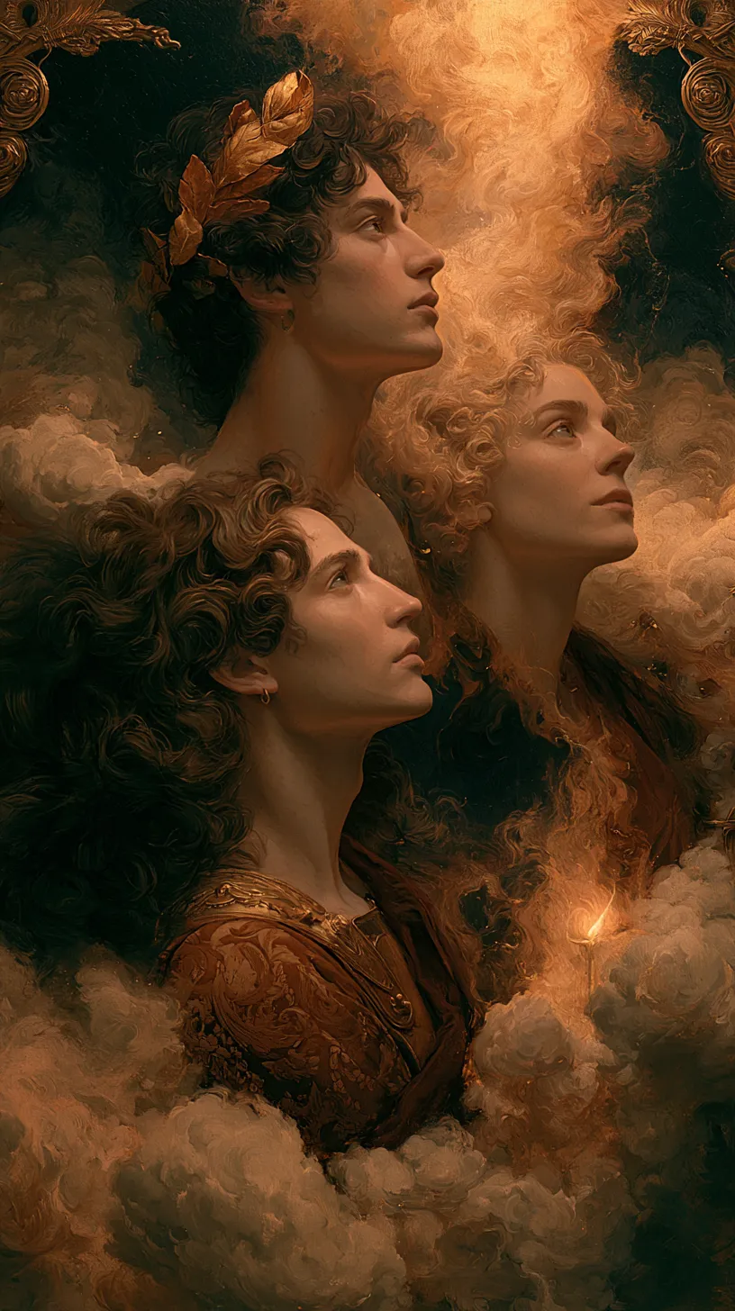 Painting of three laurel-crowned figures composed in ascending profile.