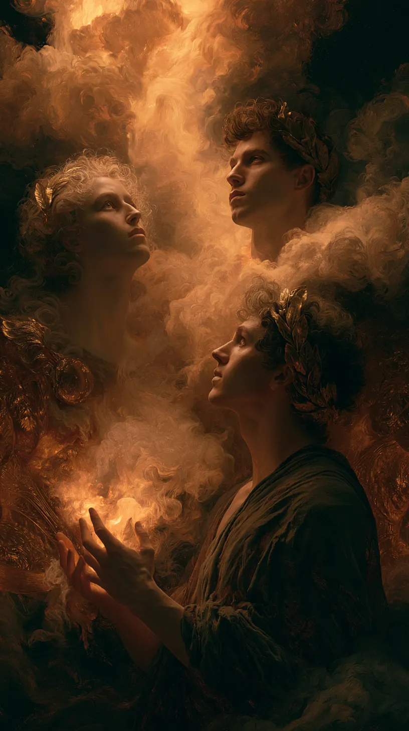 Painting of laurel-crowned figures, one cupping their hands toward a small flame.